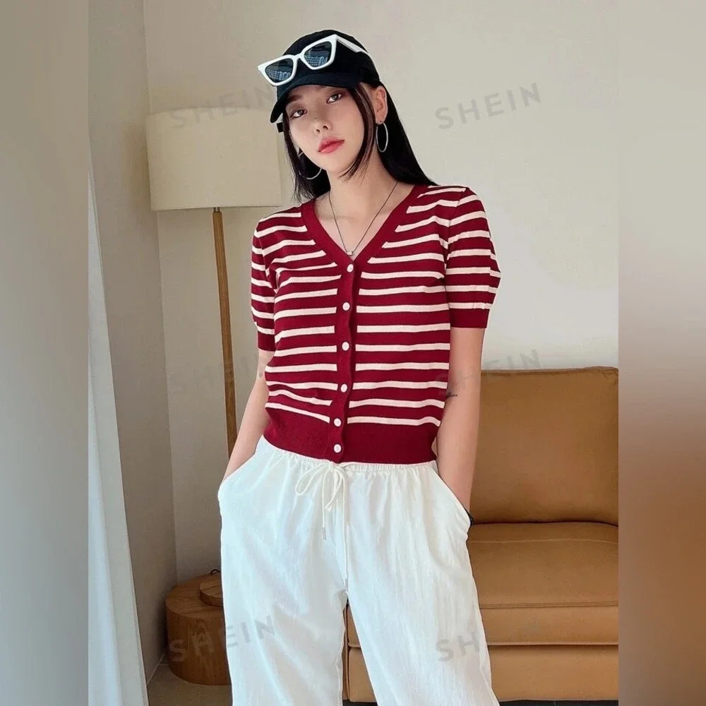 SHEIN Burgundy Striped Short Sleeve V-Neck‎ Button Front Knit Cardigan Sweater